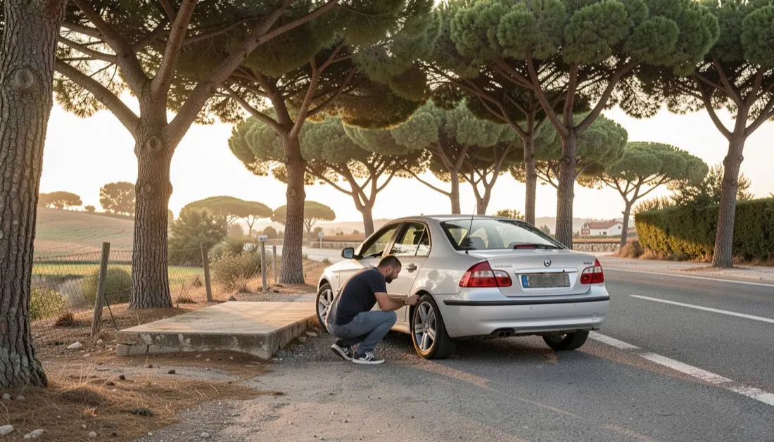 Un homme accroupi verifie le pneu d&rsquo;une voiture garee sous des pins parasols au bord d&rsquo;une route du Sud