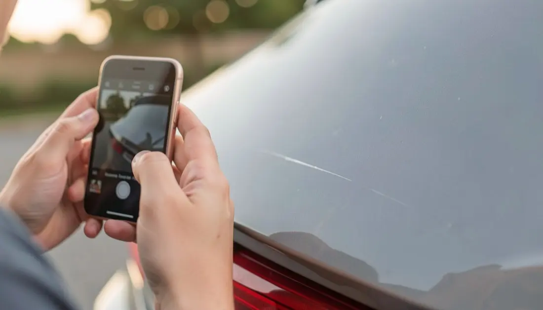 Une main tient un smartphone et photographie une fine rayure sur l&rsquo;aile arriere grise d&rsquo;une voiture